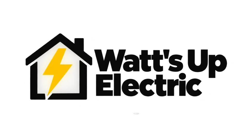 Watt's Up Electric combination mark logo idea: A clear house outline and bright bolt make it easy to recognize Watt's Up Electric as an electrical contractor.