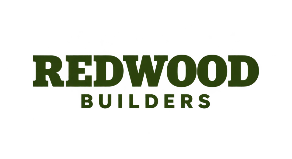 Redwood Builders wordmark logo idea: A solid, workmanlike “Redwood Builders” wordmark puts the company name first and gives it a dependable feel.