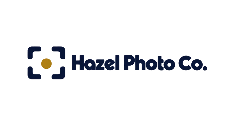 Hazel Photo Co. combination mark logo idea: Navy viewfinder corners and a gold center point give Hazel Photo Co. a simple, artistic mark that feels at home in photography.
