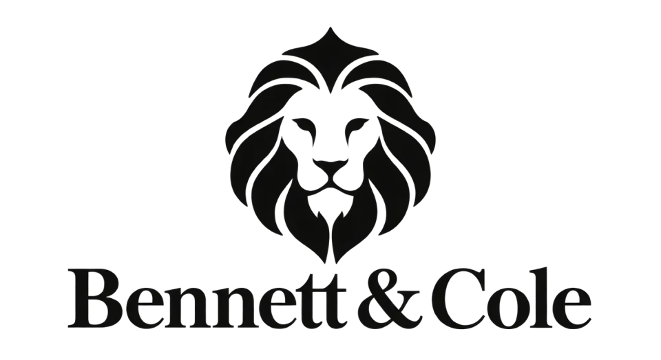 Bennett & Cole combination mark logo idea: A lion revealed in the open space of its mane gives Bennett & Cole a distinctive crest-like mark with a calm, formal feel.