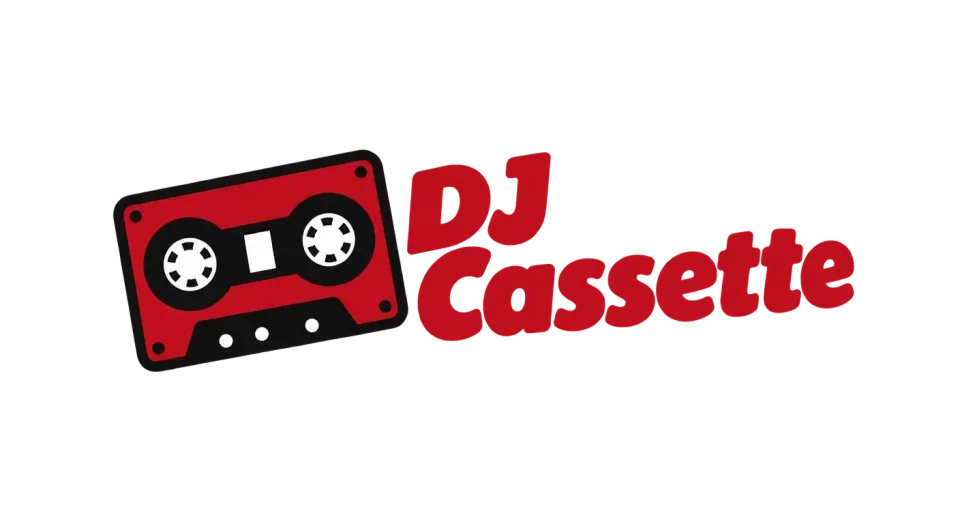 DJ Cassette combination mark logo idea: A bright red cassette with a playful tilt makes DJ Cassette’s music-and-event role clear at a glance.