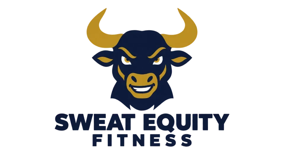 Sweat Equity Fitness mascot logo idea: A confident bull face above the name gives Sweat Equity Fitness a straightforward mascot for strength-focused coaching.