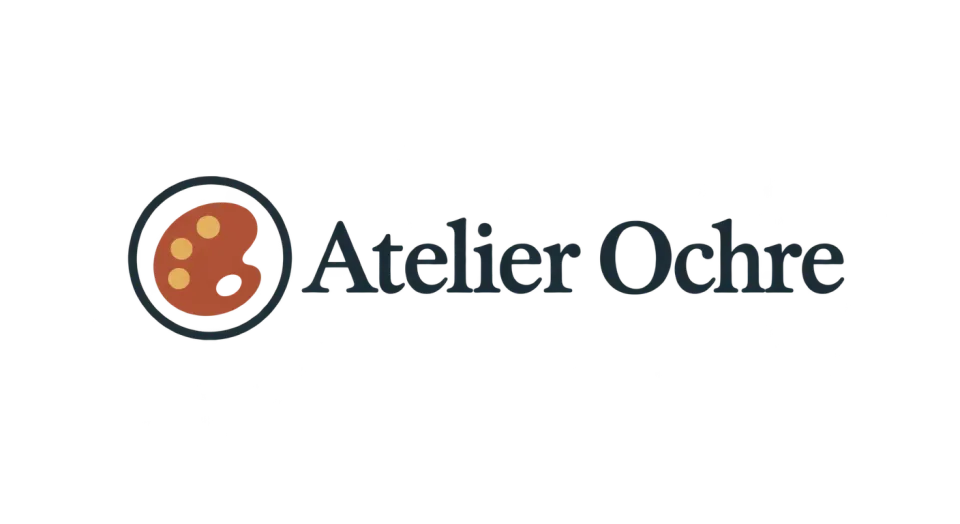 Atelier Ochre combination mark logo idea: A little palette sits beside Atelier Ochre, giving the artist’s studio a warm, personal mark that stays clear at small sizes.