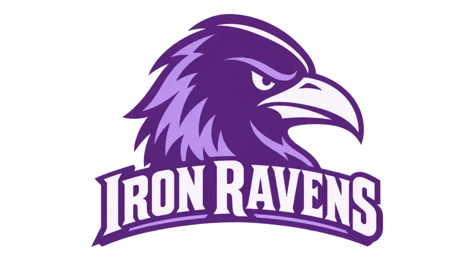Iron Ravens mascot logo idea: A turned raven head and gently arched “Iron Ravens” lettering bring a little motion to a simple vintage-style team graphic.