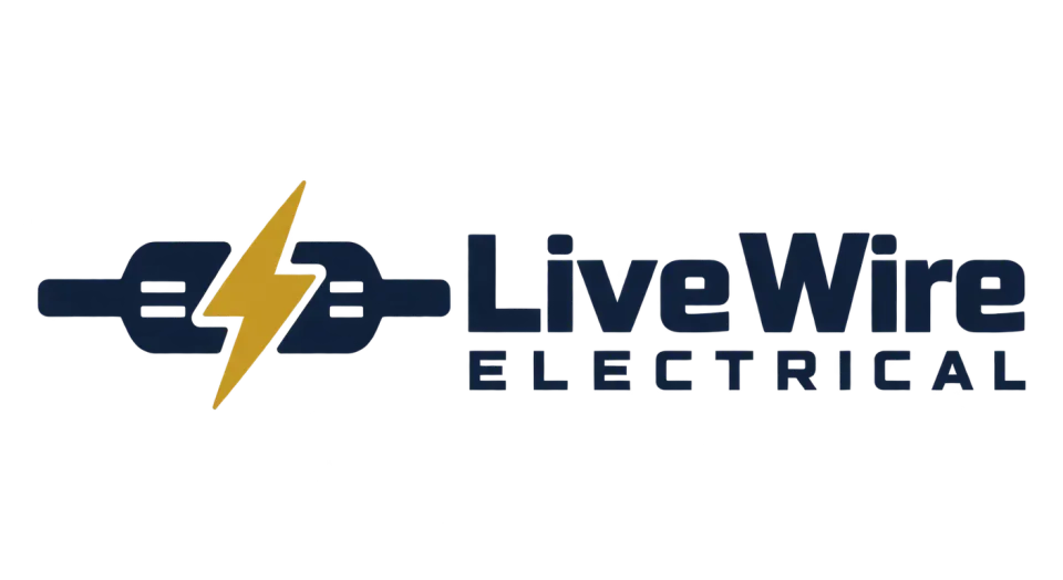 Live Wire Electrical combination mark logo idea: Two terminal ends meet around a bolt beside the company name, making the idea of a reliable electrical connection easy to recognize.