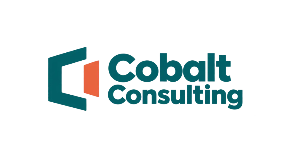 Cobalt Consulting combination mark logo idea: An open, panel-like C gives the name a distinctive sign-inspired frame without adding extra words or detail.