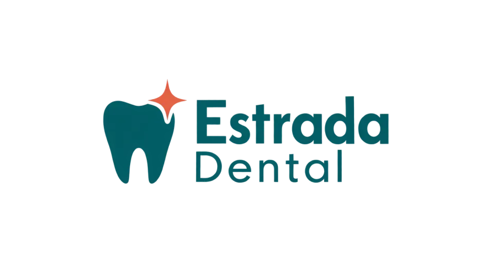 Estrada Dental combination mark logo idea: A clean tooth and small coral sparkle make the dental connection easy to recognize and give Estrada Dental a welcoming Deco touch.