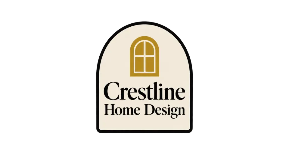 Crestline Home Design emblem logo idea: A small gold arched window anchors the name inside a rounded badge, giving the studio a warm, composed identity.