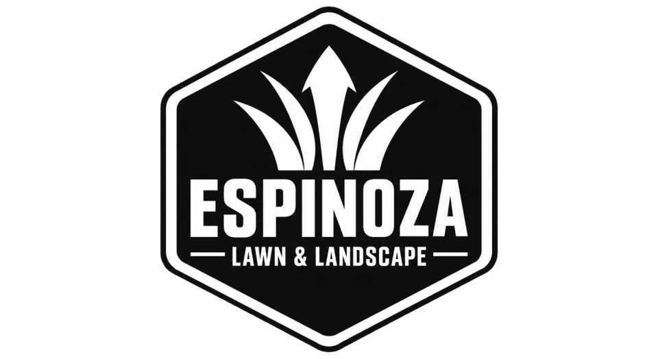 Espinoza Lawn & Landscape emblem logo idea: Three grass blades that rise like an arrow give this compact crest a direct connection to lawn care and steady growth.