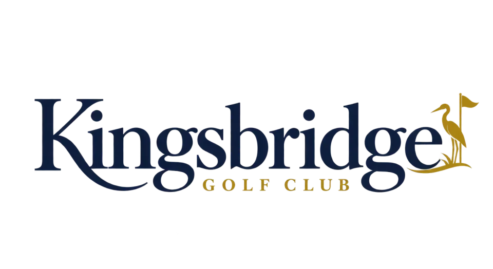Kingsbridge Golf Club wordmark logo idea: A stately, sign-like wordmark gives Kingsbridge Golf Club a long-established feel, with a small heron and flag as a quiet course-side detail.