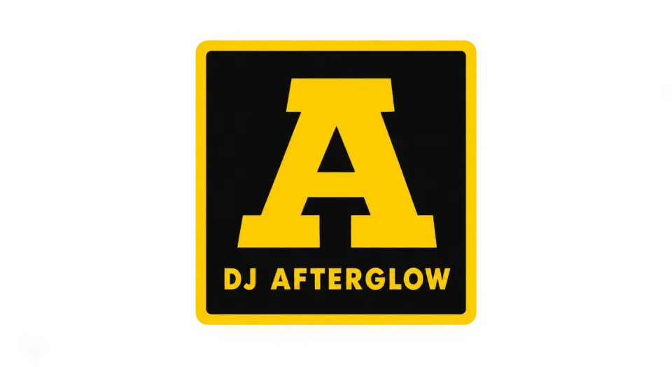DJ Afterglow lettermark logo idea: A sturdy yellow A above the exact name gives DJ Afterglow the familiar feel of a classic storefront sign.
