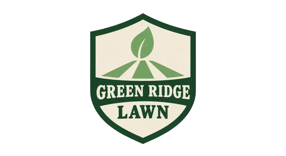 Green Ridge Lawn emblem logo idea: A classic shield, a single leaf, and tidy lawn stripes give Green Ridge Lawn a dependable neighborhood feel.
