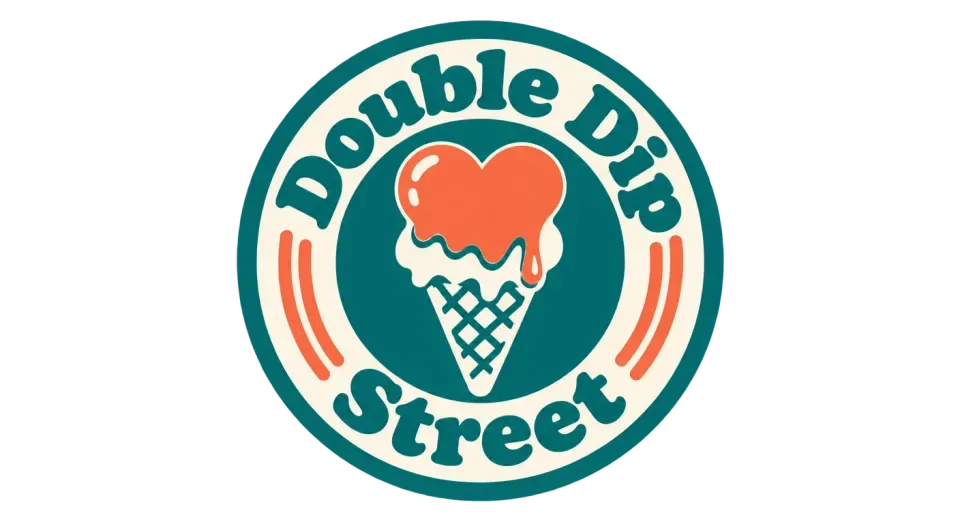 Double Dip Street emblem logo idea: A melting heart-shaped scoop gives this round retro badge a friendly ice-cream-shop feel.