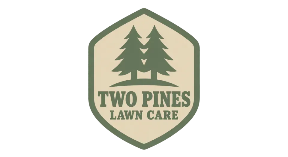 Two Pines Lawn Care emblem logo idea: A single, bold pine emblem keeps the crest simple while making the business name feel at home in a traditional badge.
