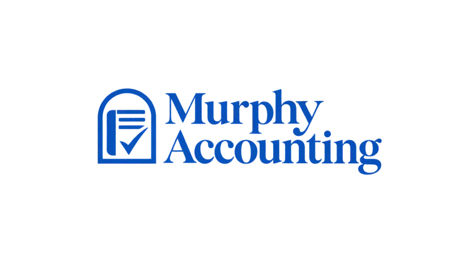 Murphy Accounting combination mark logo idea: A compact checked folio sits beside Murphy Accounting’s name, bringing the bookkeeping idea through in a simple, stamp-ready form.