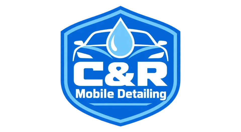 C&R Mobile Detailing combination mark logo idea: A sturdy shield gathers the droplet, hood line, and full company name into one friendly badge that feels ready for the job.
