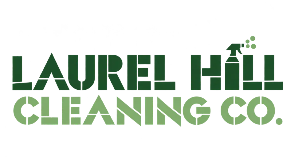 Laurel Hill Cleaning Co. wordmark logo idea: The name sits together in a compact two-line arrangement, with a few connected letter shapes suggesting a close-knit family business.