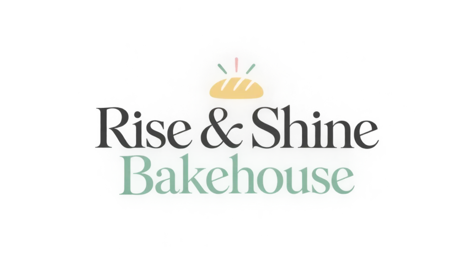 Rise & Shine Bakehouse wordmark logo idea: Charcoal “Rise & Shine” over mint “Bakehouse” gives the two-line name a fresh, gentle lift.