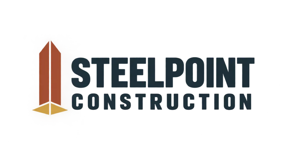 Steelpoint Construction combination mark logo idea: A steel column rising to a point gives Steelpoint Construction a straightforward symbol tied to its name and trade.