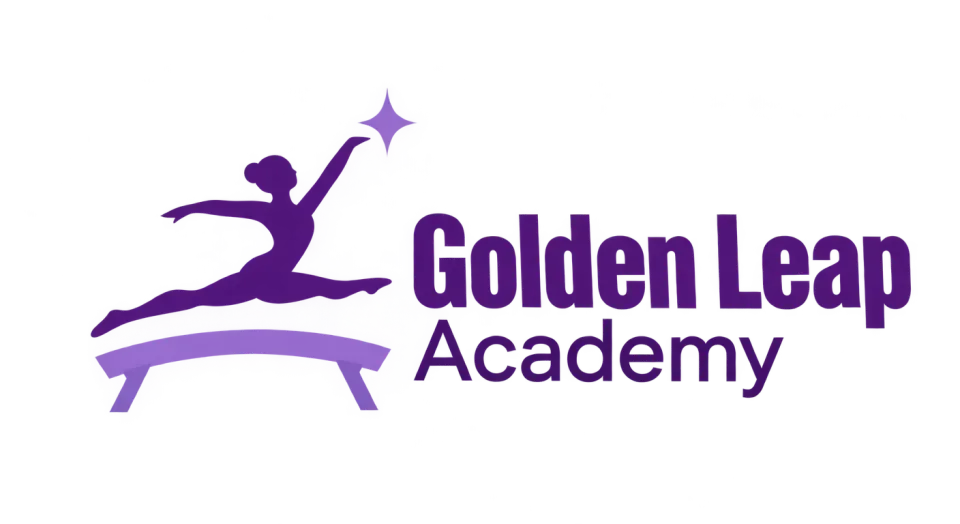 Golden Leap Academy combination mark logo idea: A gymnast caught mid-leap above a beam-shaped arc makes the academy’s sport and energetic spirit immediately recognizable.