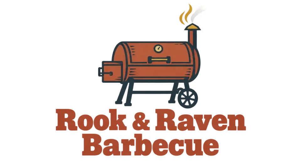Rook & Raven Barbecue combination mark logo idea: A familiar barrel smoker sits above the name, giving Rook & Raven Barbecue the welcoming feel of a neighborhood spot with a long tradition.