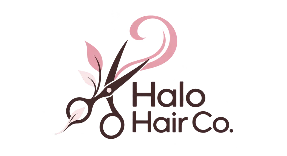 Halo Hair Co. combination mark logo idea: The scissors opening into a curl with a small sprig make the salon’s name feel both purposeful and naturally composed.