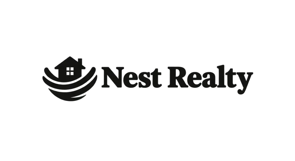 Nest Realty combination mark logo idea: A simple nest holding a small house pairs the name with a familiar image of finding a place to call home.
