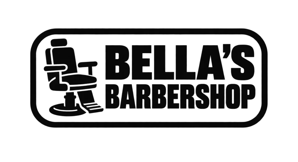 Bella's Barbershop emblem logo idea: A bold chair beside Bella's Barbershop makes the patch feel direct and easy to recognize.