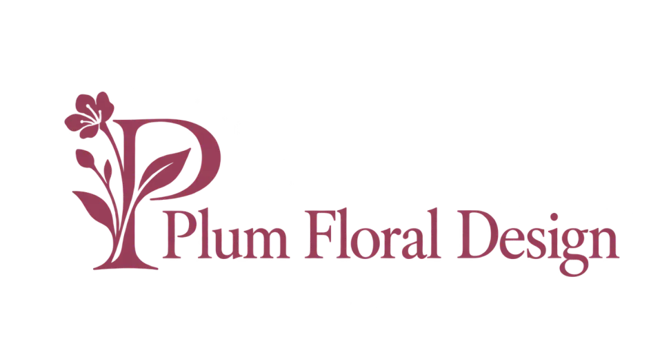 Plum Floral Design combination mark logo idea: A leafy P gives Plum Floral Design a personal botanical signature while keeping the full shop name clear.