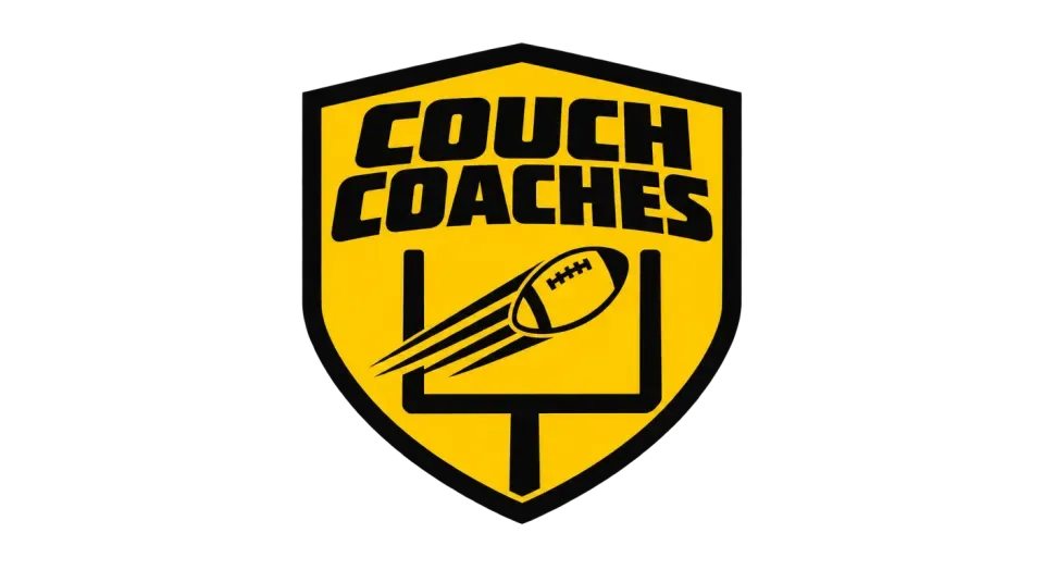 Couch Coaches emblem logo idea: A football streaking through goalposts gives the Couch Coaches badge a fast, game-day feel.