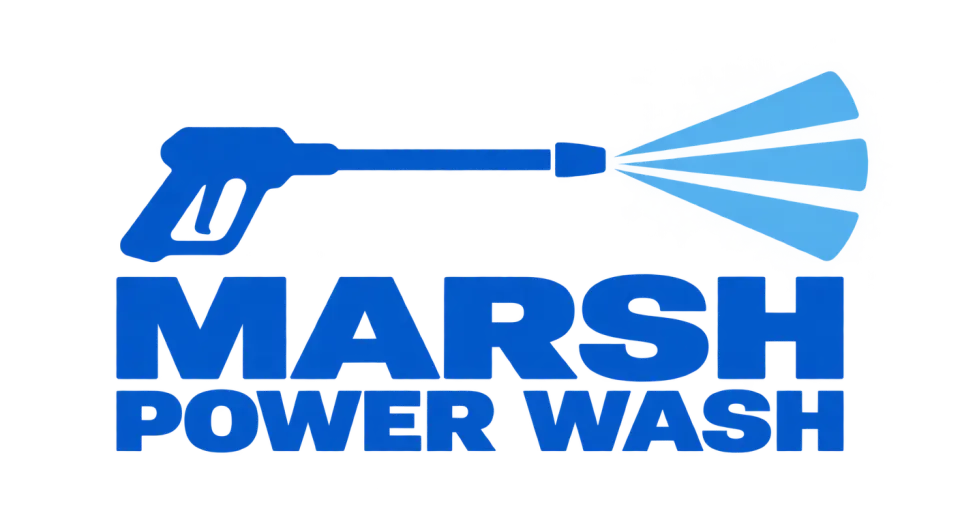 Marsh Power Wash combination mark logo idea: A bold wand sending out a clean fan of water makes the pressure-washing service clear at a glance.