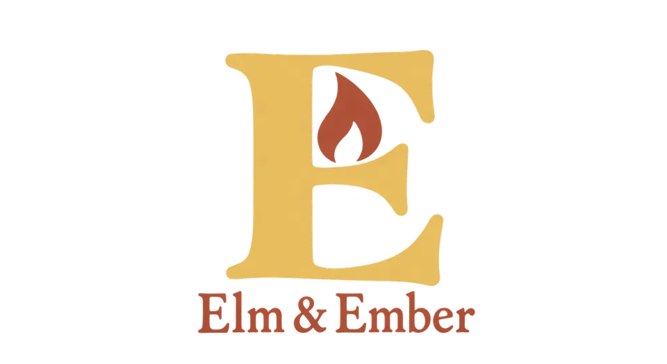 Elm & Ember lettermark logo idea: A small flame tucked into the E links the letter directly to candlelight while keeping the full name clear beneath it.