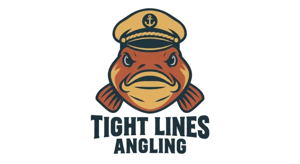 Tight Lines Angling mascot logo idea: A calm, front-facing bass makes the logo feel familiar and welcoming, while the simple stacked layout keeps the full name easy to spot.