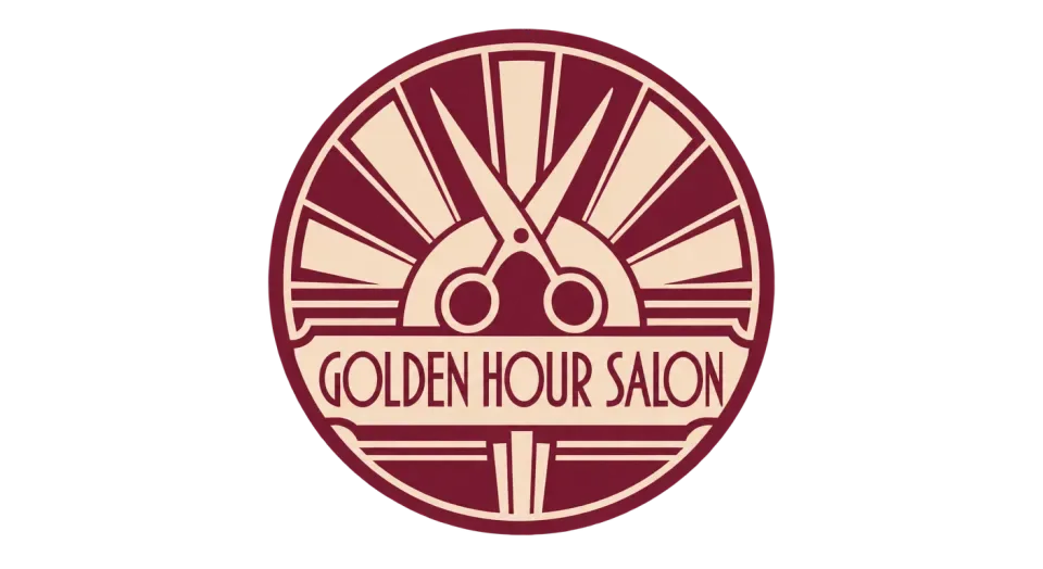 Golden Hour Salon combination mark logo idea: A framed sunburst and central shears connect the name’s hour-of-day feeling with the salon’s craft.