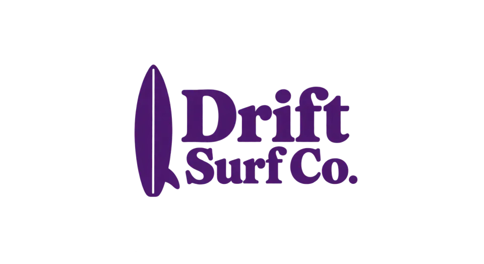 Drift Surf Co. combination mark logo idea: A small surfboard beside the name makes the shop’s purpose clear while keeping the overall feel relaxed and established.