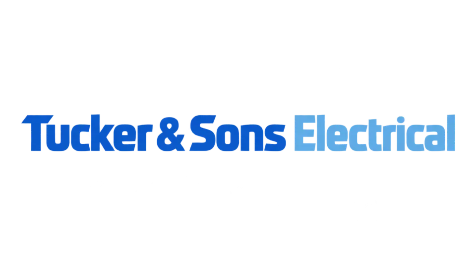 Tucker & Sons Electrical wordmark logo idea: A direct, single-line name in two clear blue tones makes the business feel straightforward and easy to identify.