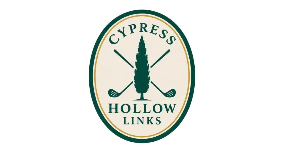 Cypress Hollow Links emblem logo idea: A single cypress at the center ties the name to a calm, natural course setting without crowding the badge.