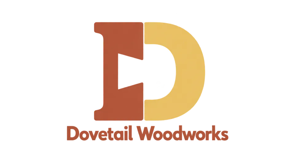 Dovetail Woodworks lettermark logo idea: The D looks like two solid pieces joined at a dovetail, while the smaller name underneath keeps the shop’s identity clear.