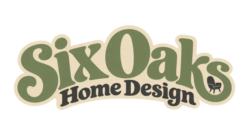 Six Oaks Home Design wordmark logo idea: The arched, stacked lettering makes Six Oaks the first thing you notice and gives the studio name an expressive vintage character.