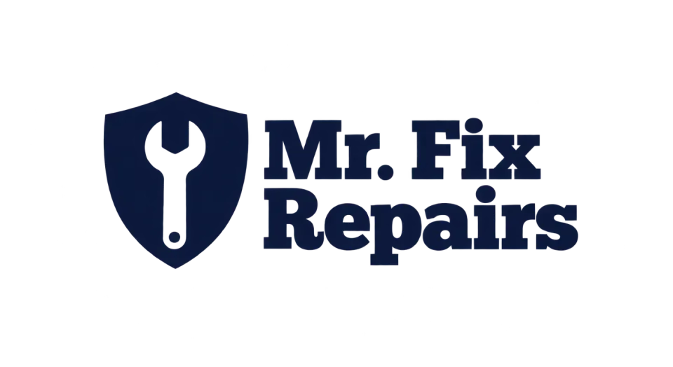 Mr. Fix Repairs combination mark logo idea: A single wrench held inside a sturdy shield suggests dependable repair work, while the paired name keeps the business easy to identify.