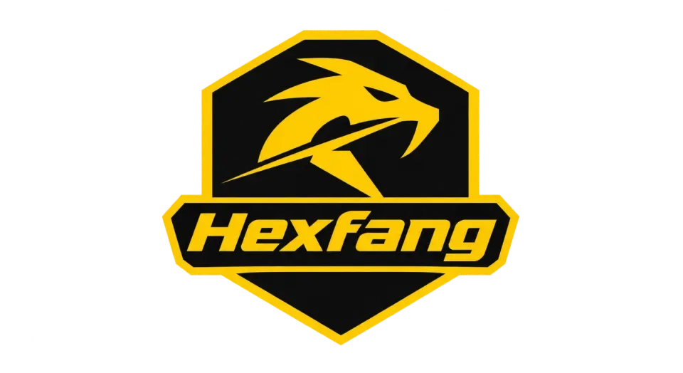 Hexfang emblem logo idea: A single slashing fang puts speed at the center of Hexfang’s badge without crowding the team name.
