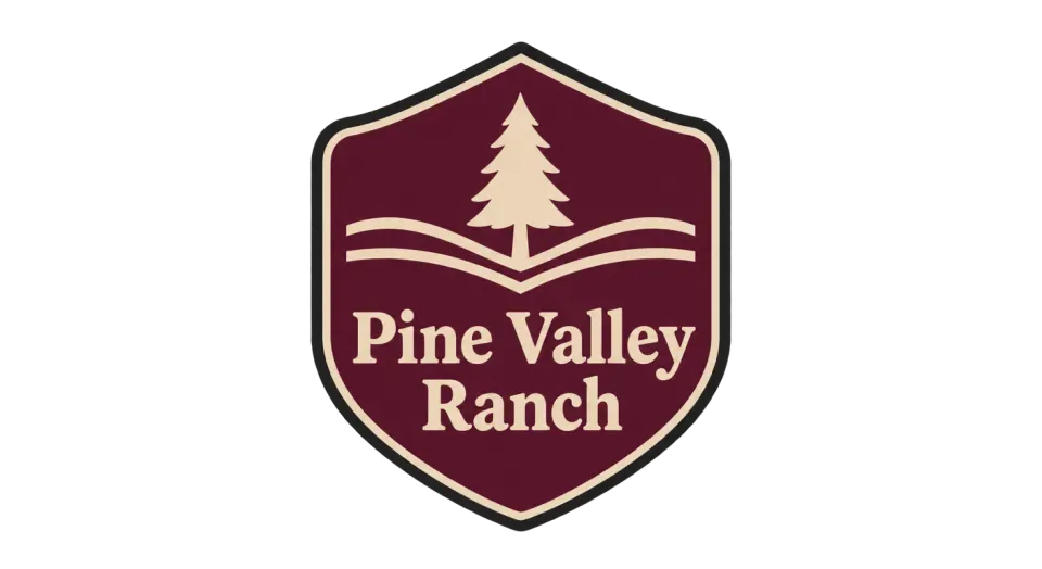 Pine Valley Ranch emblem logo idea: A pine above quiet valley lines gives the badge a clear ranch-and-land feel, with the full name easy to read below.