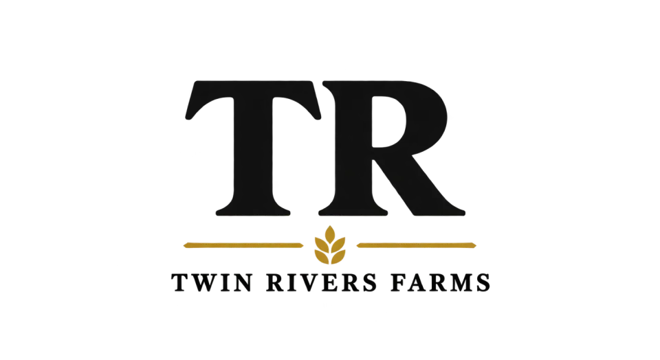 Twin Rivers Farms lettermark logo idea: Clear, substantial initials and a quiet name line give the family farm a grounded, long-established feel without making the mark fussy.