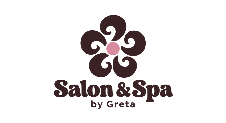 Salon & Spa by Greta combination mark logo idea: A flower of soft curls gives the salon’s name a cheerful vintage frame without losing the clear connection to hair.