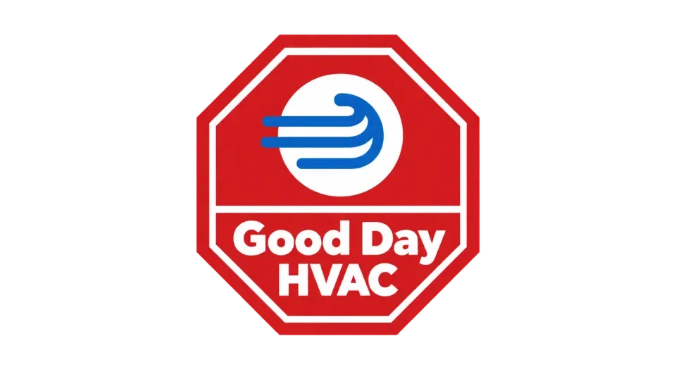 Good Day HVAC emblem logo idea: A clean octagonal badge places Good Day HVAC beside a compact airflow-to-circle symbol for a precise, approachable look.
