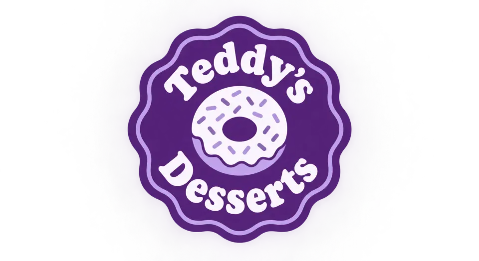 Teddy's Desserts emblem logo idea: A sprinkle donut at the heart of a scalloped purple crest gives Teddy's Desserts a cheerful, vintage-shop feel.