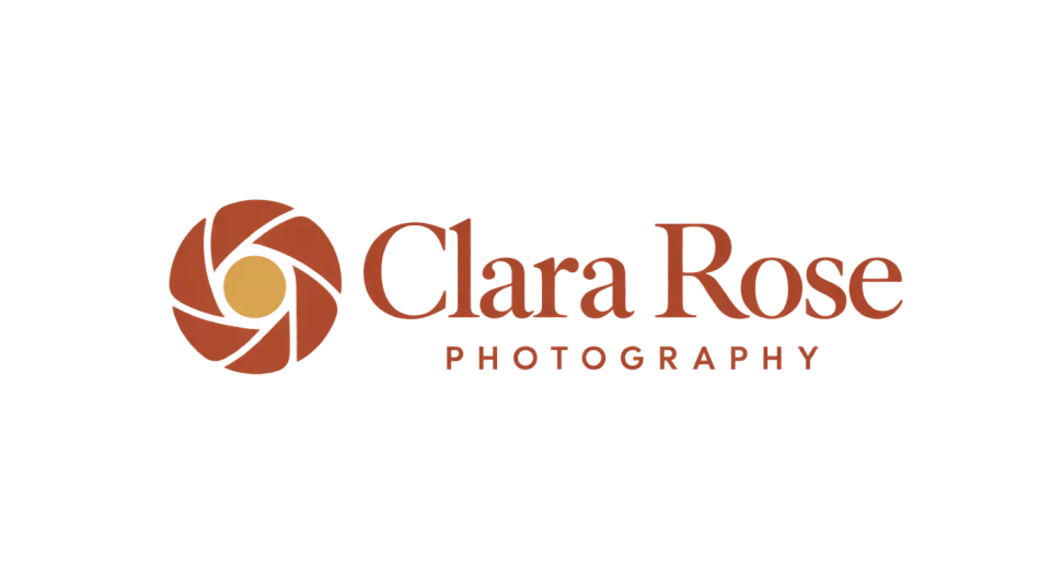 Clara Rose Photography combination mark logo idea: The aperture reads as a camera at a glance while its rose-like shape gives the icon a quiet connection to Clara Rose Photography’s name.