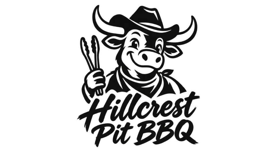 Hillcrest Pit BBQ mascot logo idea: A bold steer silhouette and upright tongs create a tidy stamp-style mark, with the two-line name staying readable as the logo shrinks.