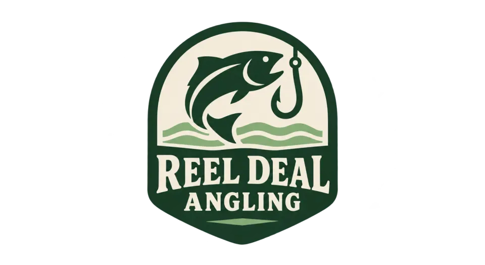 Reel Deal Angling combination mark logo idea: A compact badge with a fish and hook gives Reel Deal Angling the familiar, time-tested character of a fishing outfitter.