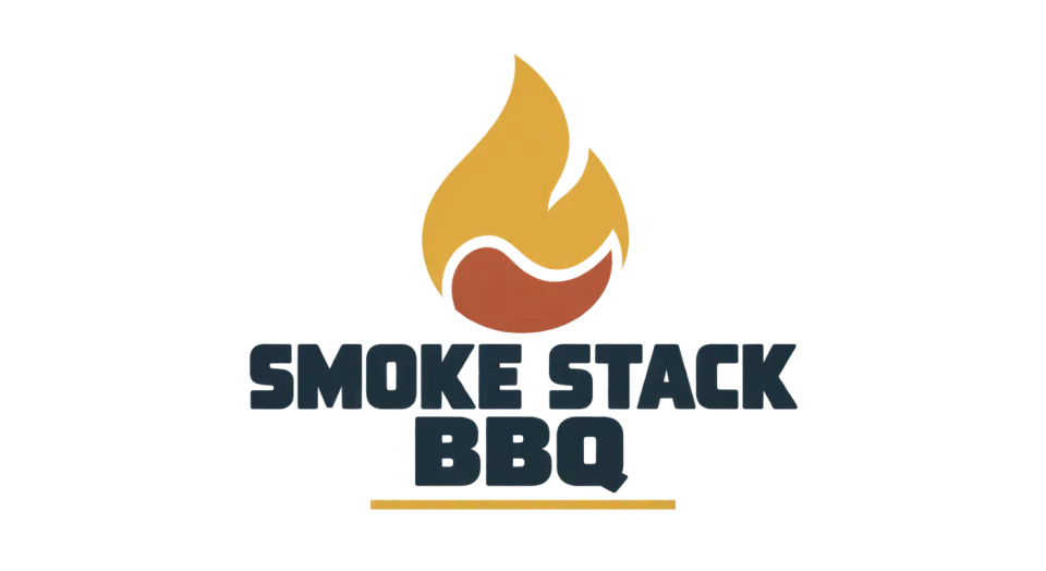 Smoke Stack BBQ combination mark logo idea: A sturdy mustard flame and compact lettering give the name a welcoming, no-fuss presence suited to a neighborhood barbecue spot.
